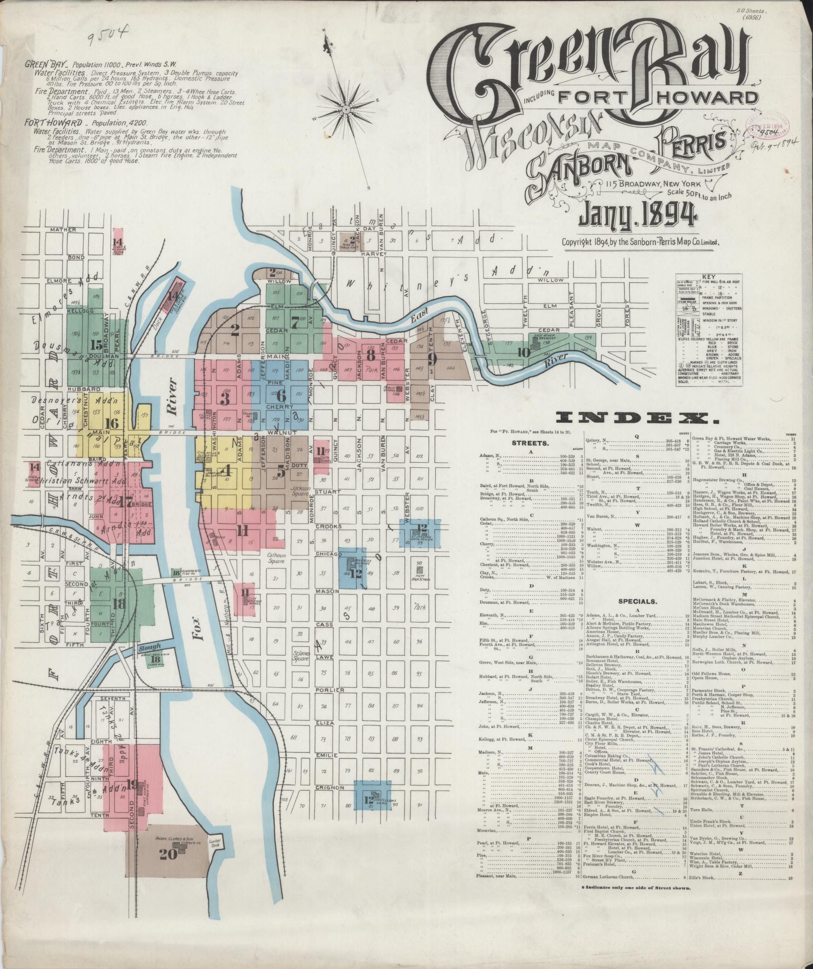 Sanborn Fire Insurance Map from Green Bay, Brown County, Wisconsin (1894), Sheet #0001 - Historic Sanborn Fire Insurance Map Print, vintage old map wall art, antique decor, genealogy gift, Wisconsin Wisconsin map