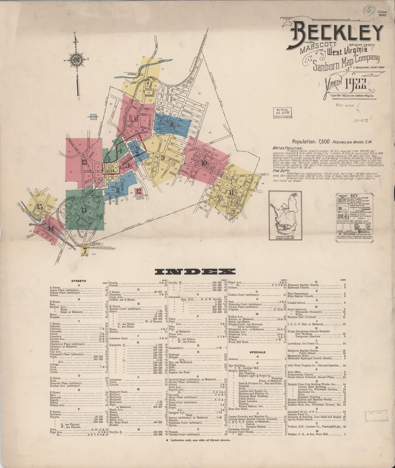 Sanborn Fire Insurance Map from Beckley, Raleigh County, West Virginia (1922), Sheet #0001 - Complete Map Set gallery image, historic Sanborn map, vintage wall art, West Virginia West Virginia