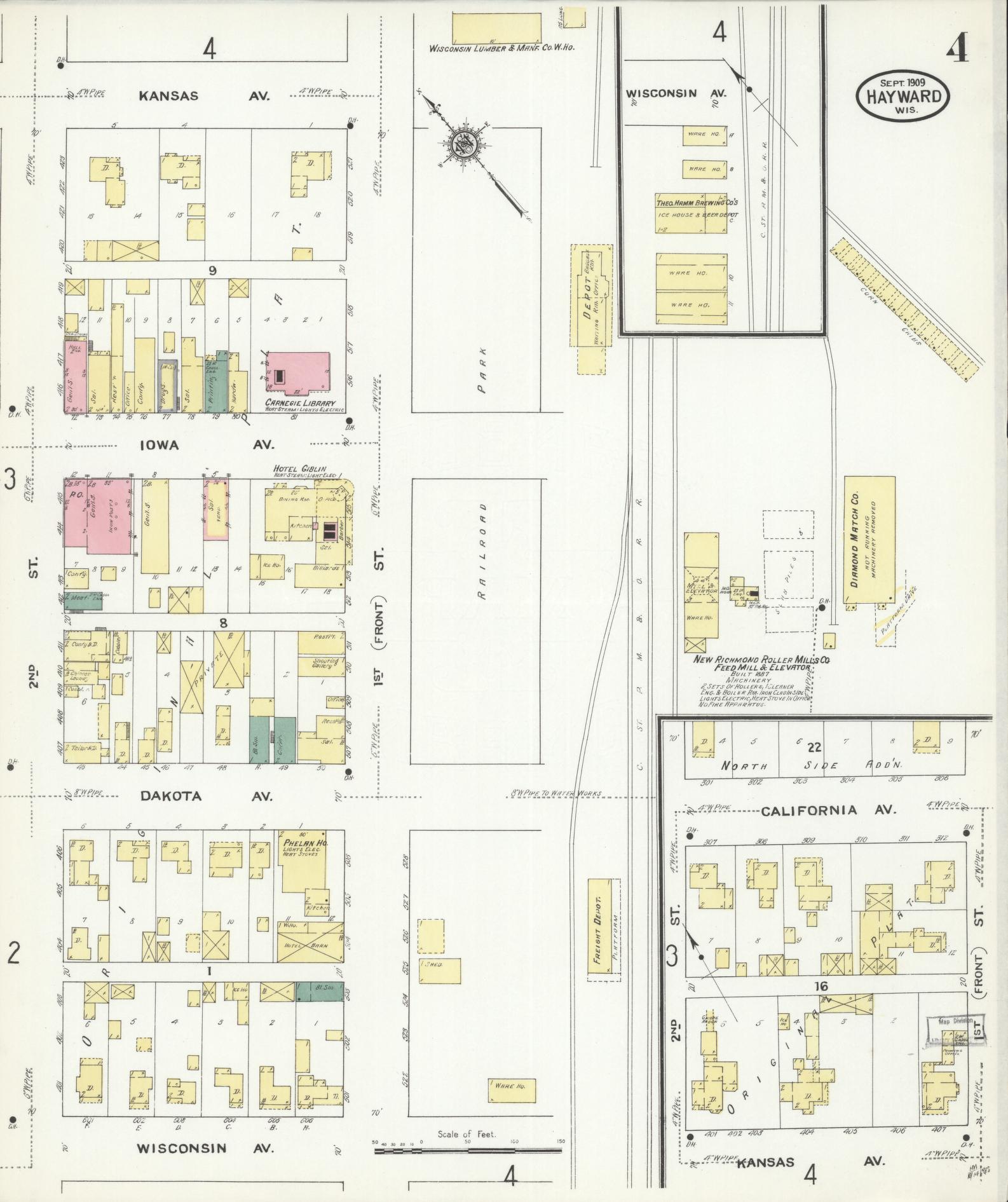 Sanborn Fire Insurance Map from Hayward, Sawyer County, Wisconsin (1909), Sheet #0004 - Complete Map Set gallery image, historic Sanborn map, vintage wall art, Wisconsin Wisconsin