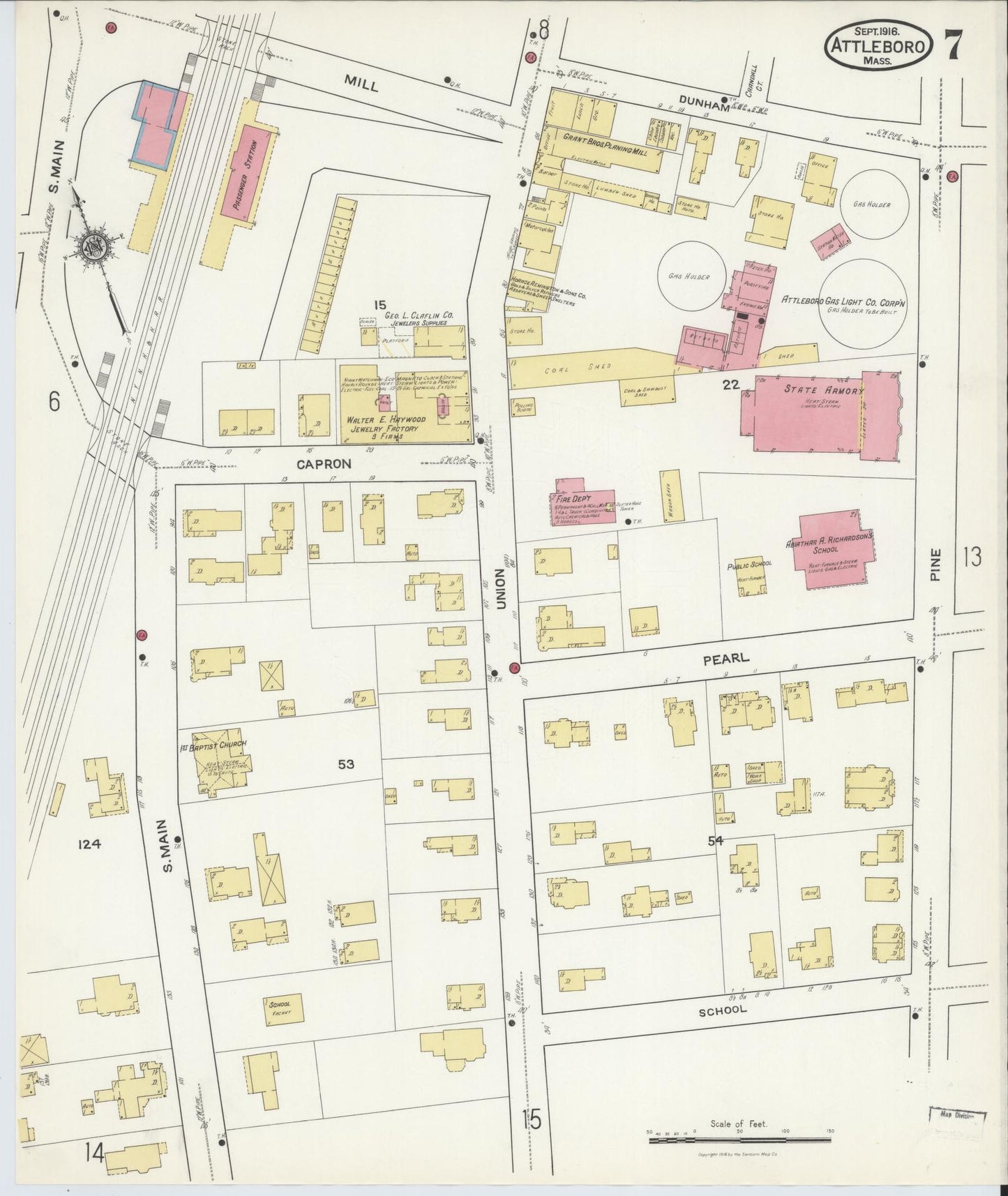 Sanborn Fire Insurance Map from Attleboro, Bristol County, Massachusetts (1916), Sheet #0007 - Complete Map Set gallery image, historic Sanborn map, vintage wall art, Massachusetts Massachusetts