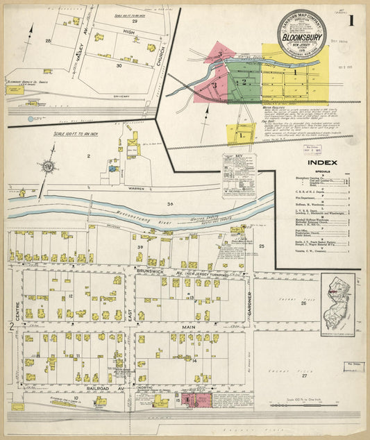 Sanborn Fire Insurance Map from Bloomsbury, Hunterdon County, New Jersey (1915), Sheet #0001 - Historic Sanborn Fire Insurance Map Print, vintage old map wall art, antique decor, genealogy gift, New Jersey New Jersey map