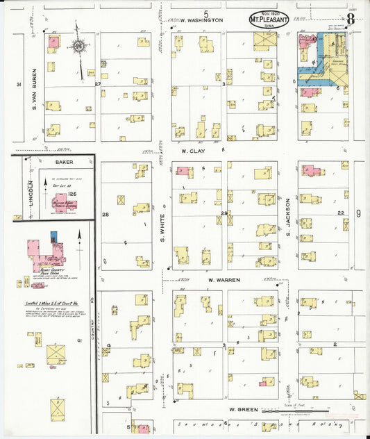 Sanborn Fire Insurance Map from Mount Pleasant, Henry County, Iowa (1920), Sheet #0008 - Historic Sanborn Fire Insurance Map Print, vintage old map wall art