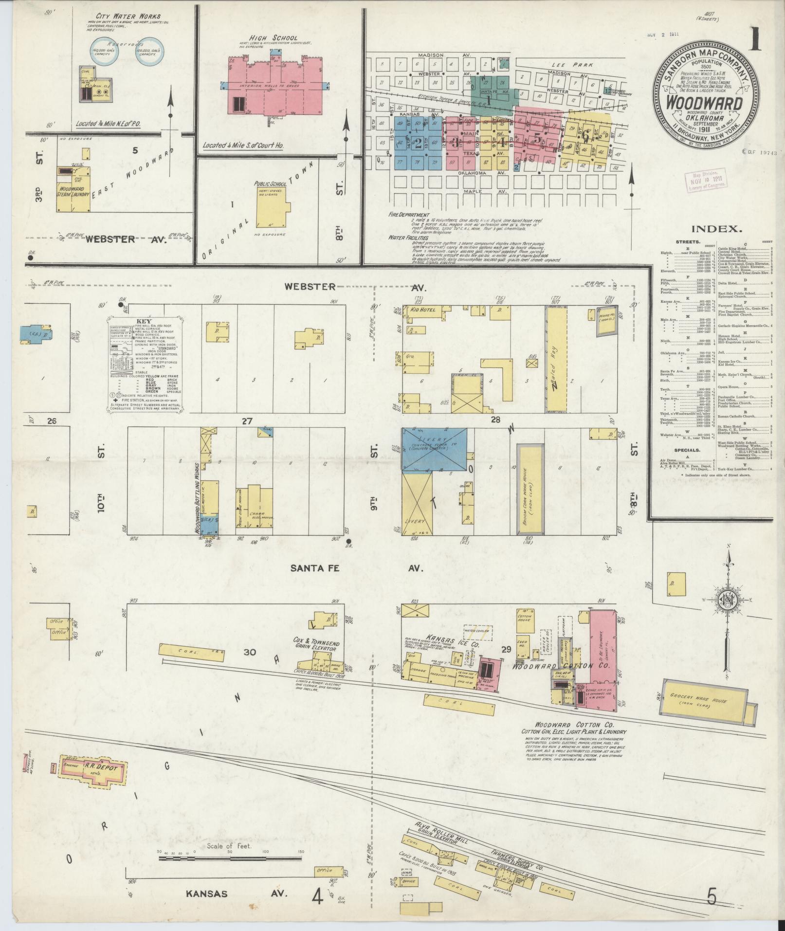 Sanborn Fire Insurance Map from Woodward, Woodward County, Oklahoma (1911), Sheet #0001 - Historic Sanborn Fire Insurance Map Print, vintage old map wall art, antique decor, genealogy gift, Oklahoma Oklahoma map
