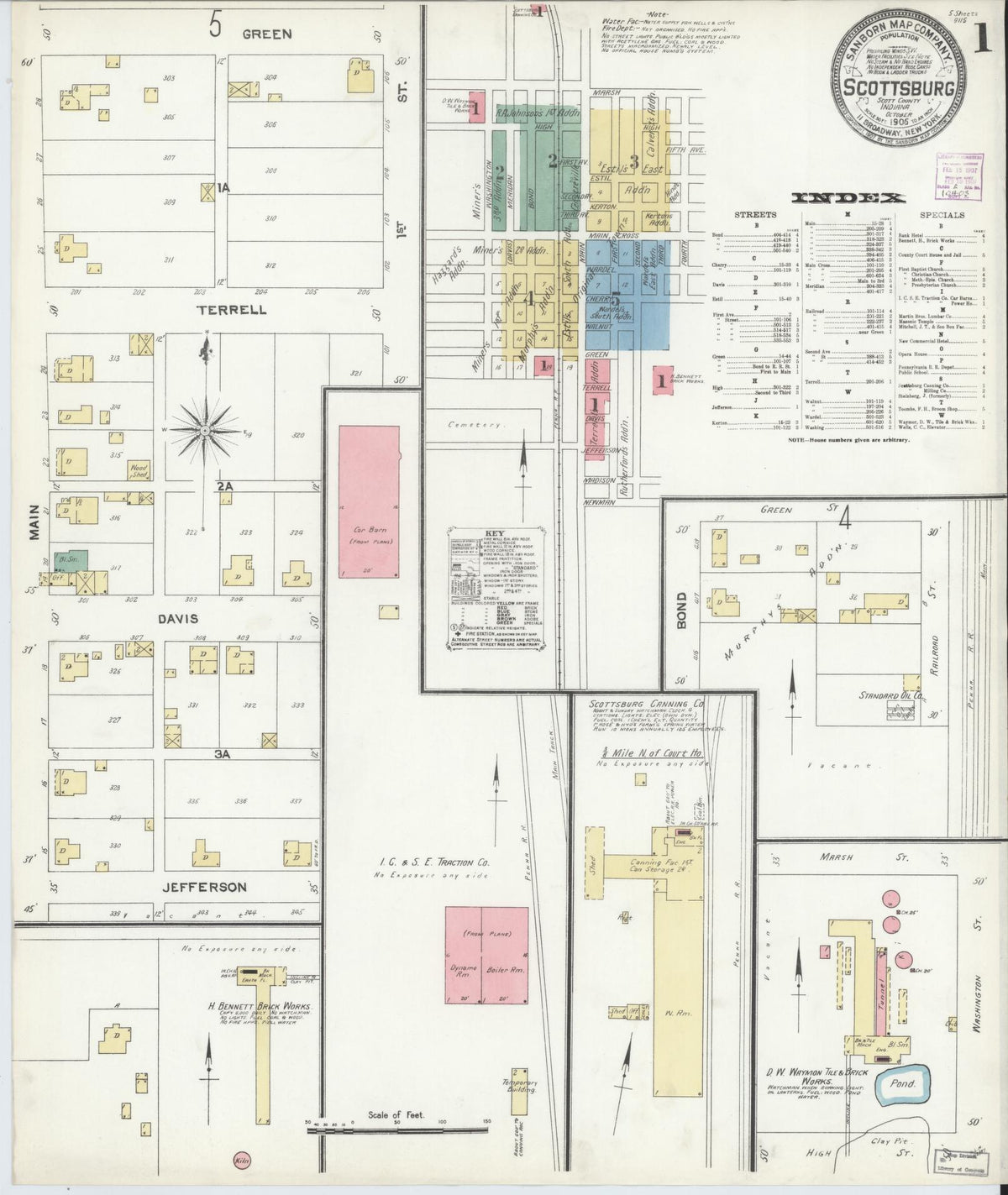 Sanborn Fire Insurance Map from Scottsburg, Scott County, Indiana (1906), Sheet #0001 - Historic Sanborn Fire Insurance Map Print, vintage old map wall art, antique decor, genealogy gift, Indiana Indiana map