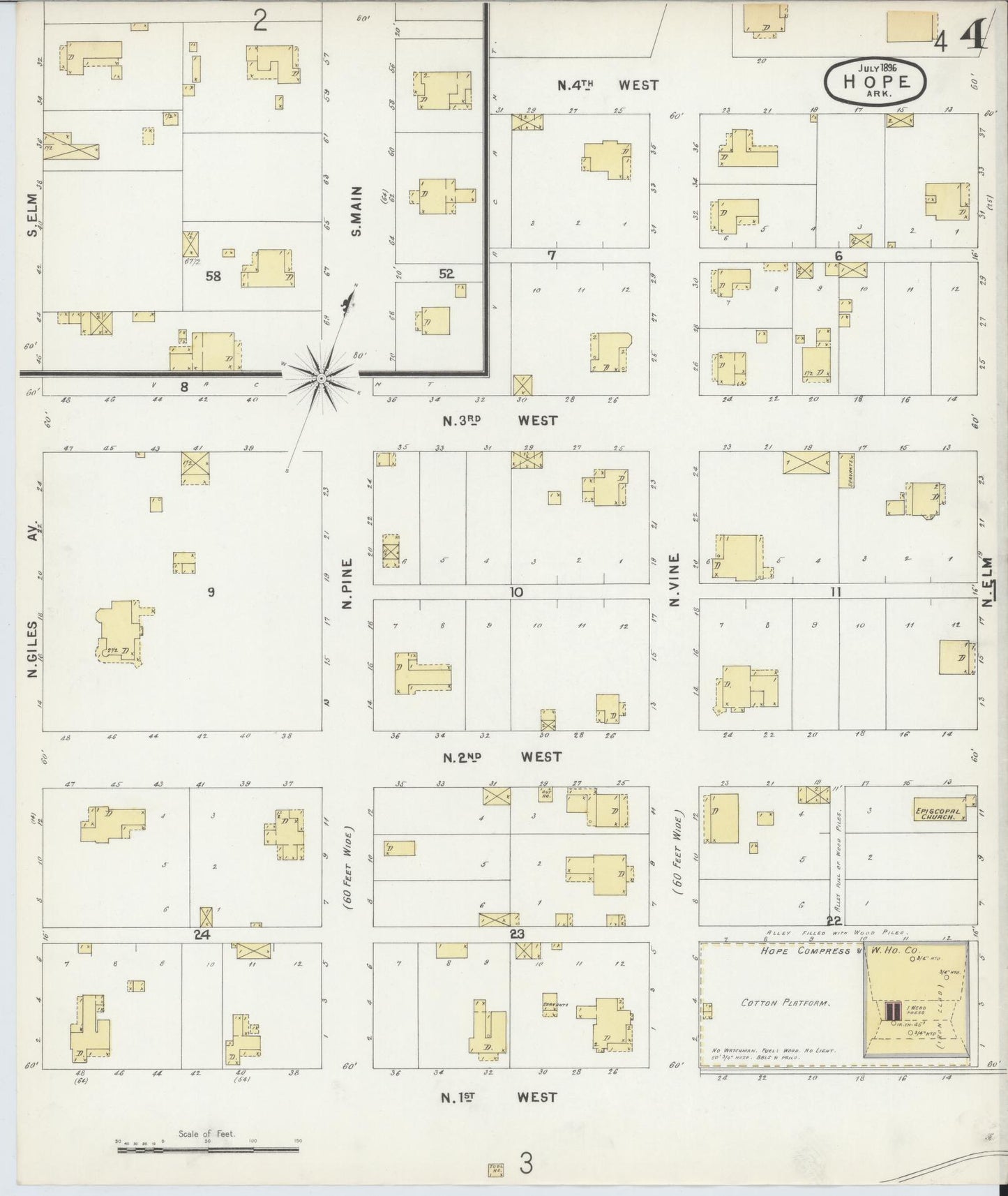 Sanborn Fire Insurance Map from Hope, Hempstead County, Arkansas (1896), Sheet #0004 - Complete Map Set gallery image, historic Sanborn map, vintage wall art, Arkansas Arkansas