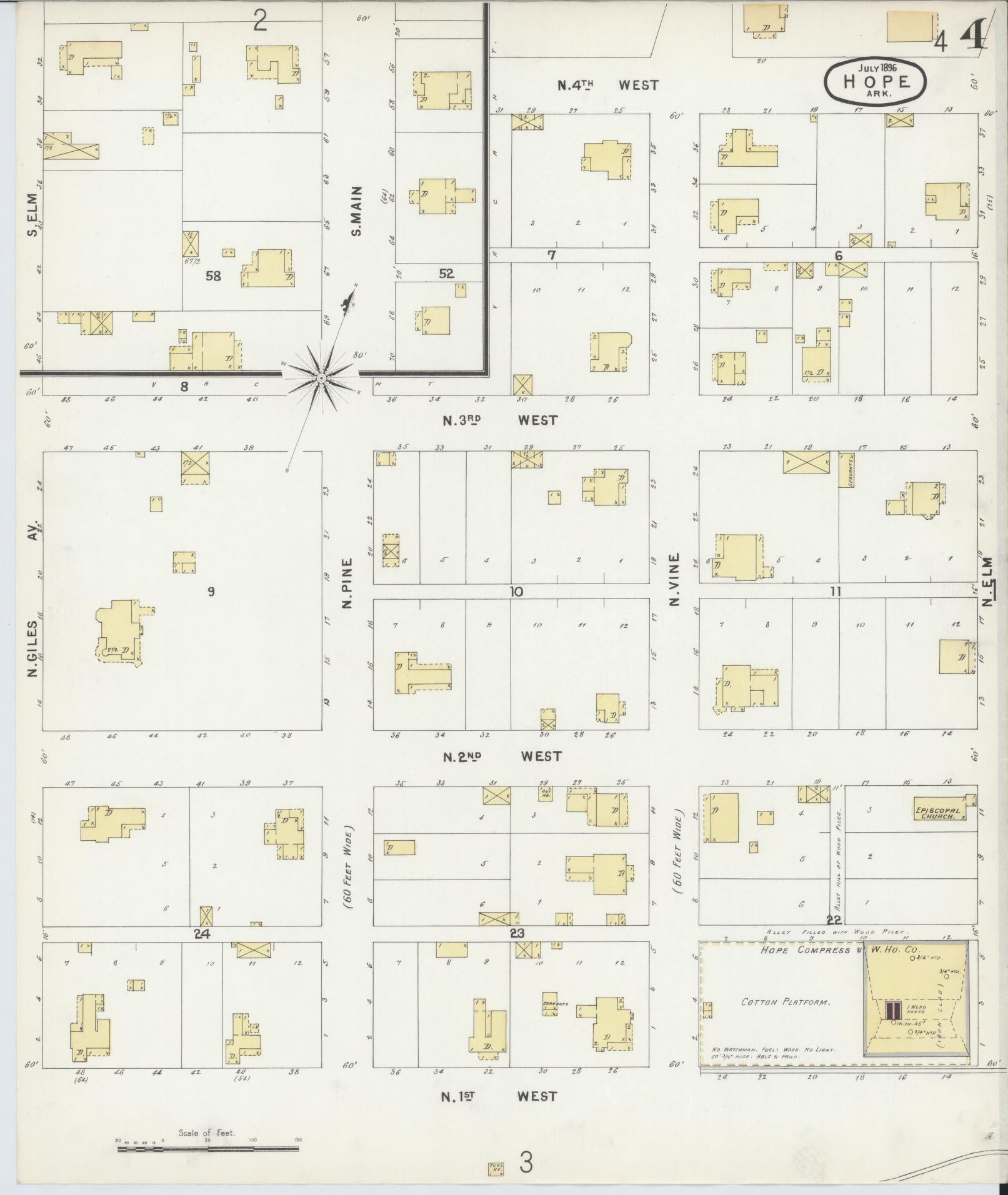 Sanborn Fire Insurance Map from Hope, Hempstead County, Arkansas (1896), Sheet #0004 - Complete Map Set gallery image, historic Sanborn map, vintage wall art, Arkansas Arkansas