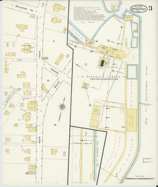 Sanborn Fire Insurance Map from Moss Point, Jackson County, Mississippi (1915), Sheet #0003 - Historic Sanborn Fire Insurance Map Print, vintage old map wall art, antique decor, genealogy gift, Mississippi Mississippi map
