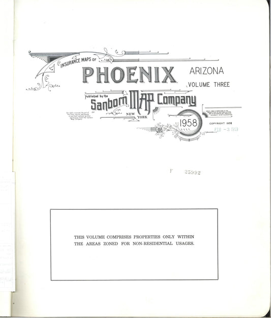 Sanborn Fire Insurance Map from Phoenix, Maricopa County, Arizona (1958), Sheet #0001 - Historic Sanborn Fire Insurance Map Print, vintage old map wall art, antique decor, genealogy gift, Arizona Arizona map