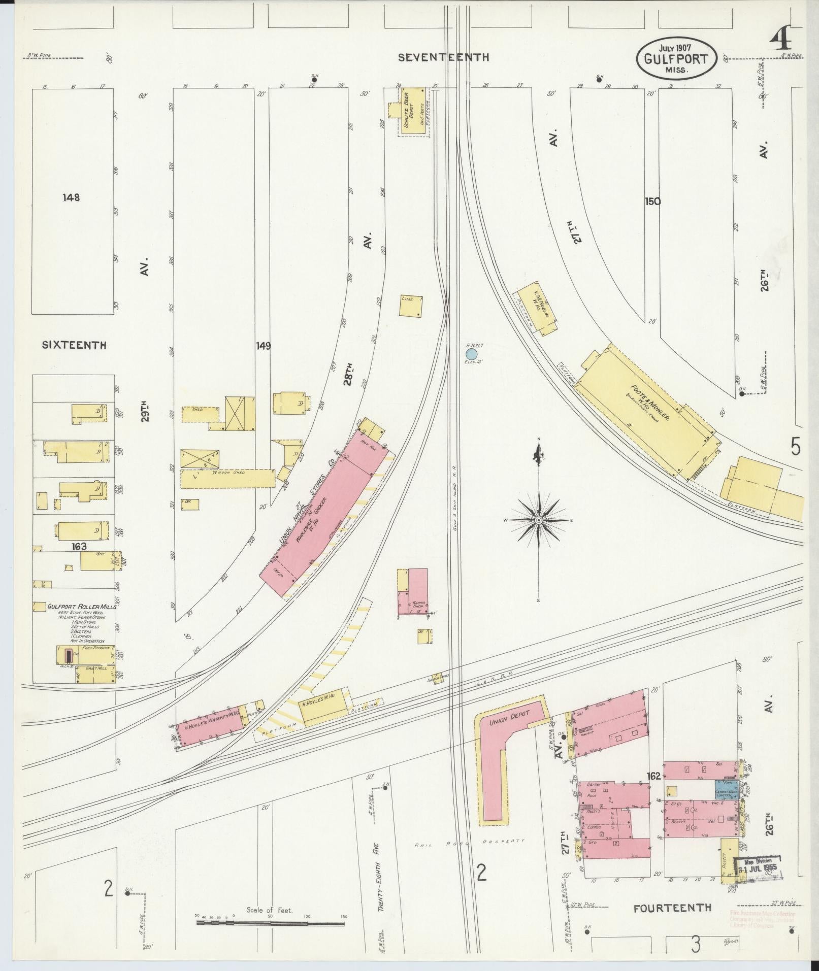 Sanborn Fire Insurance Map from Gulfport, Harrison County, Mississippi (1907), Sheet #0004 - Complete Map Set gallery image, historic Sanborn map, vintage wall art, Mississippi Mississippi