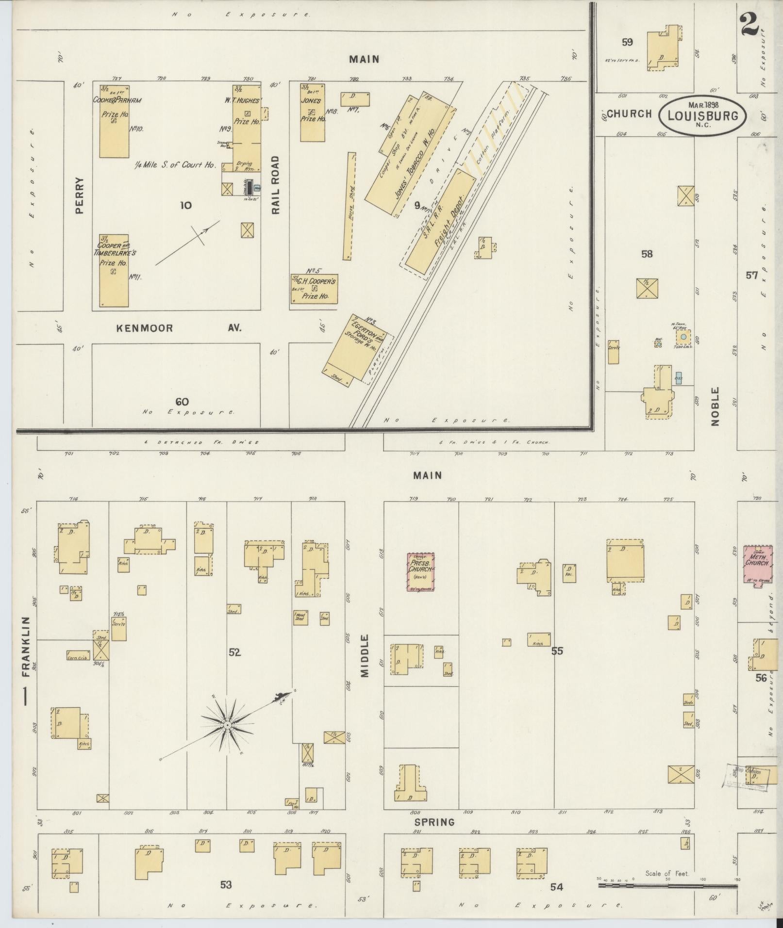 Sanborn Fire Insurance Map from Louisburg, Franklin County, North Carolina (1898), Sheet #0002 - Complete Map Set gallery image, historic Sanborn map, vintage wall art, North Carolina North Carolina