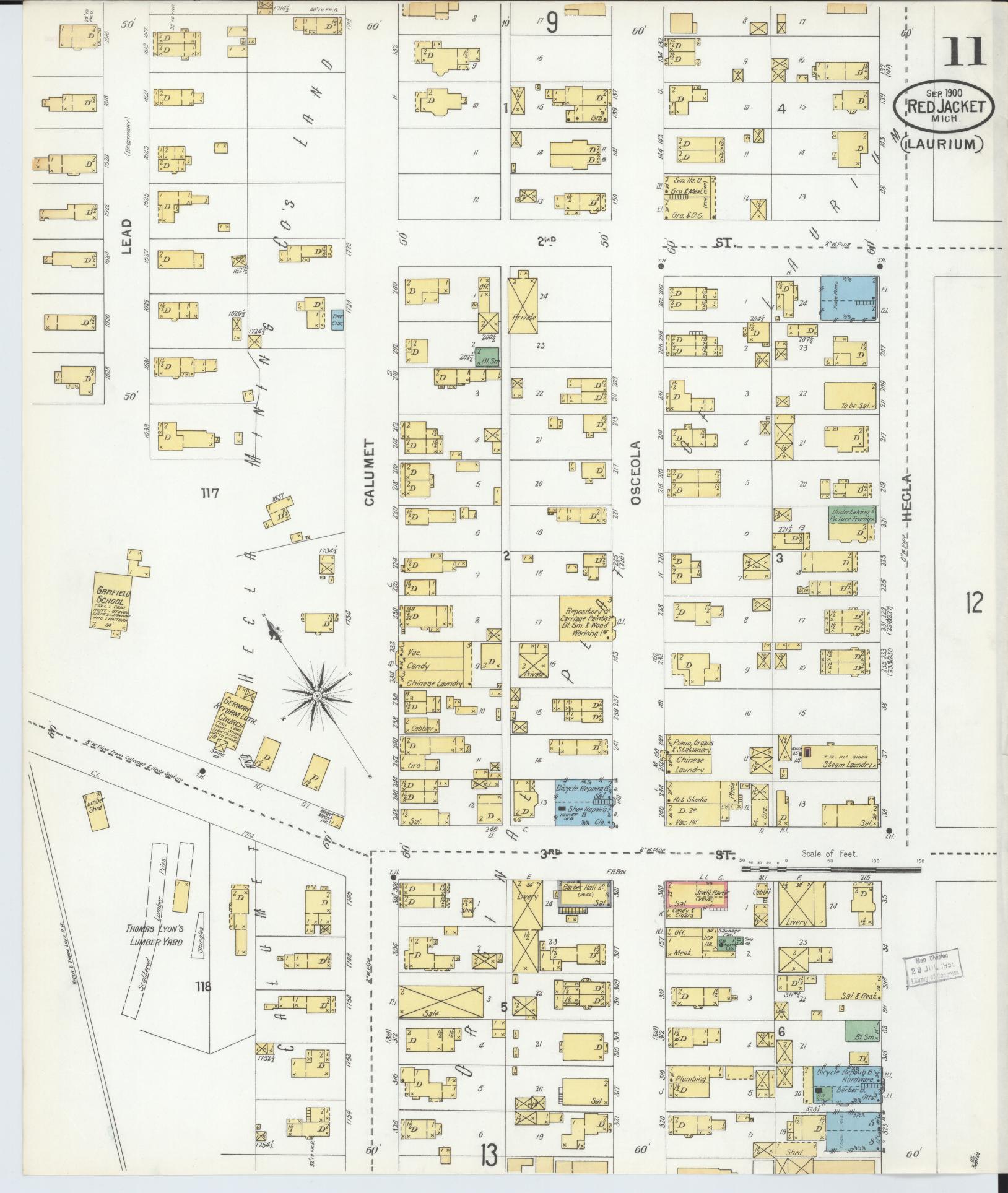 Sanborn Fire Insurance Map from Red Jacket, Houghton County, Michigan (1900), Sheet #0011 - Complete Map Set gallery image, historic Sanborn map, vintage wall art, Michigan Michigan