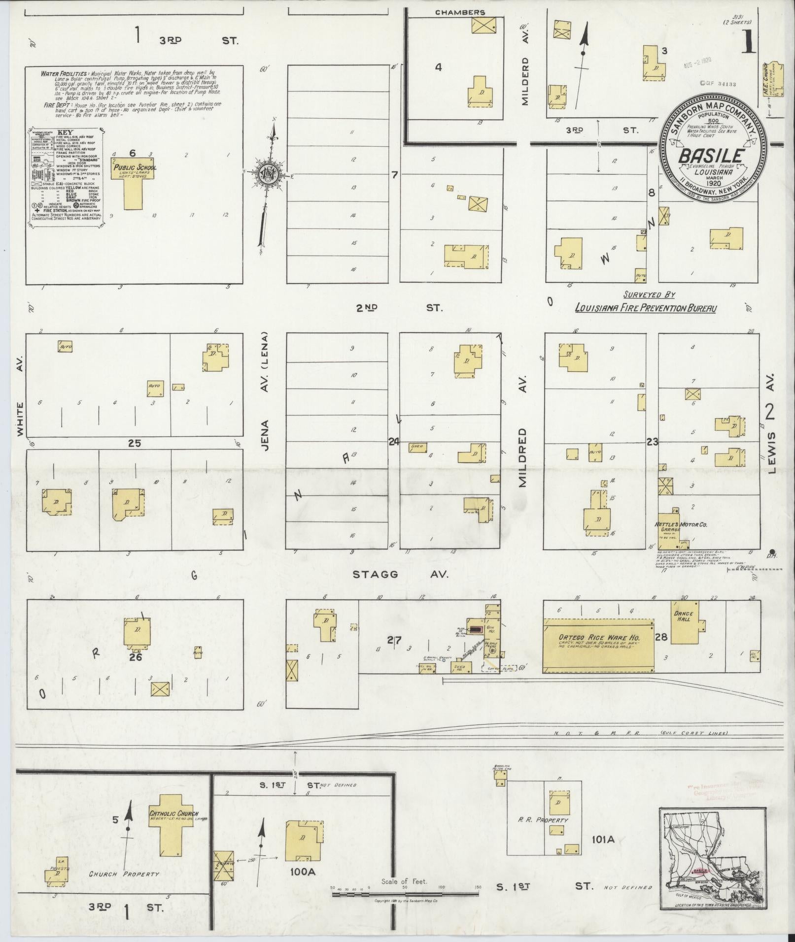 Sanborn Fire Insurance Map from Basile, Evangeline Parish, Louisiana (1920), Sheet #0001 - Historic Sanborn Fire Insurance Map Print, vintage old map wall art, antique decor, genealogy gift, Louisiana Louisiana map