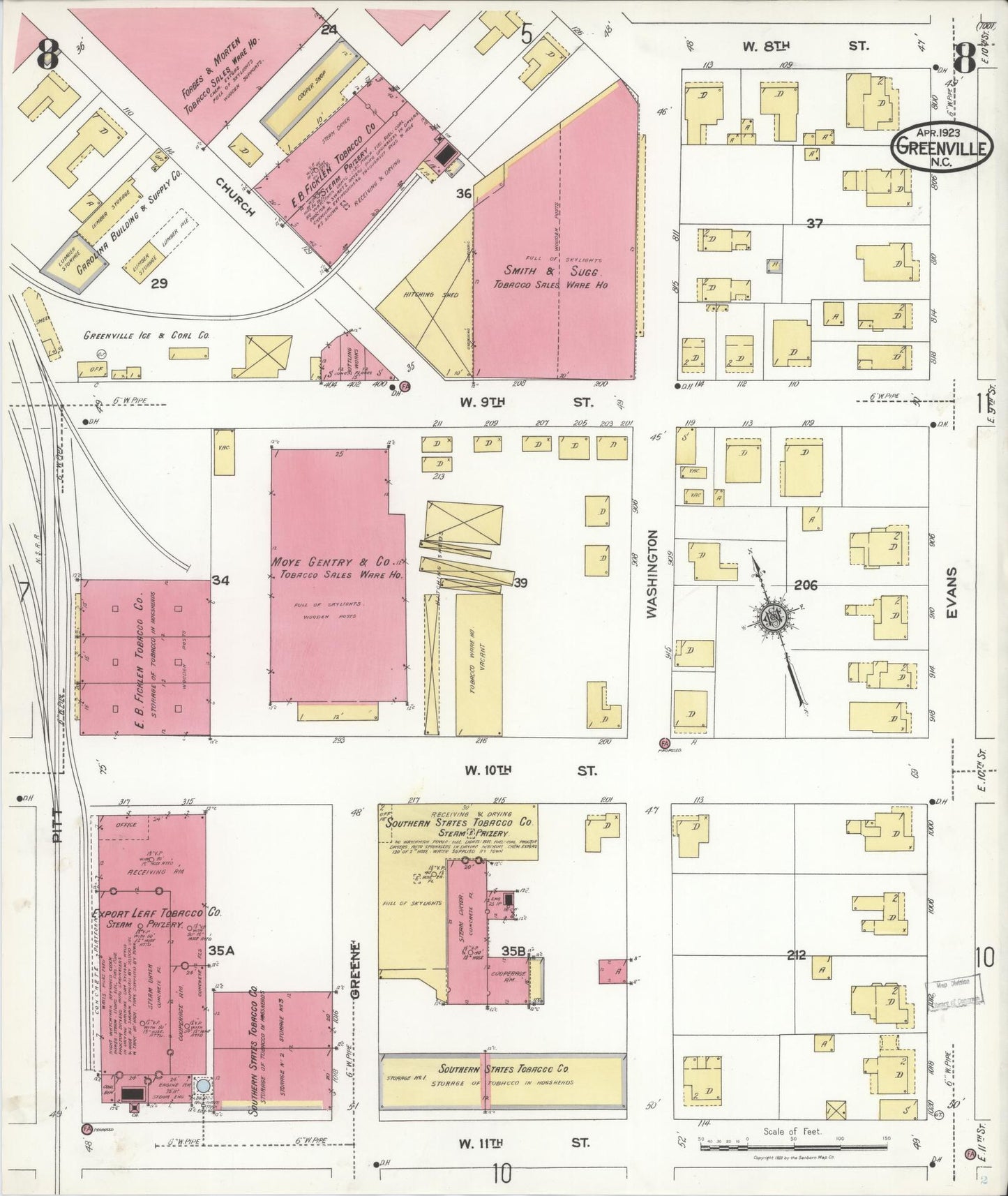 Sanborn Fire Insurance Map from Greenville, Pitt County, North Carolina (1923), Sheet #0008 - Historic Sanborn Fire Insurance Map Print, vintage old map wall art, antique decor, genealogy gift, North Carolina North Carolina map