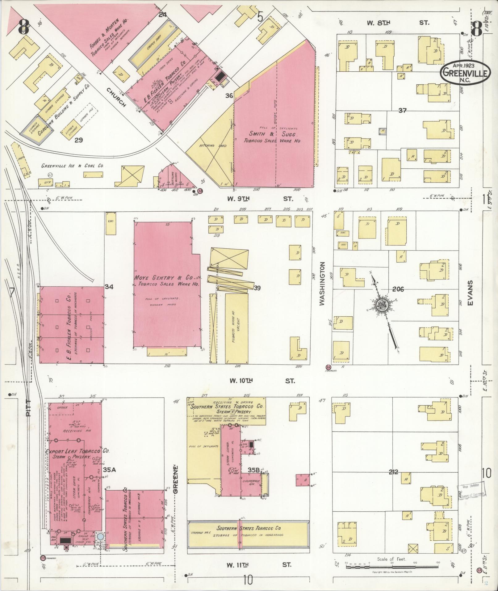 Sanborn Fire Insurance Map from Greenville, Pitt County, North Carolina (1923), Sheet #0008 - Historic Sanborn Fire Insurance Map Print, vintage old map wall art, antique decor, genealogy gift, North Carolina North Carolina map