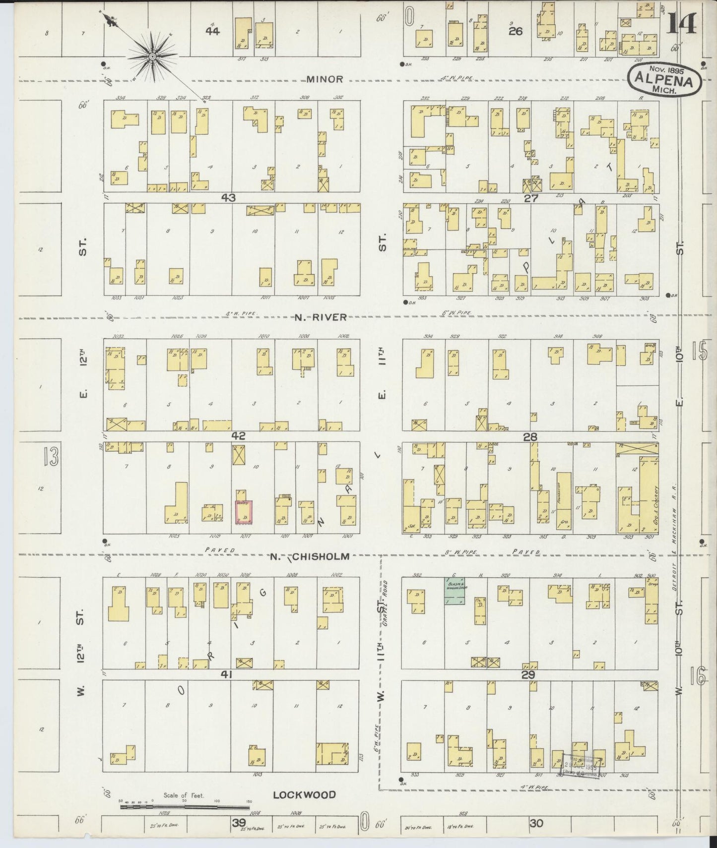 Sanborn Fire Insurance Map from Alpena, Alpena County, Michigan (1895), Sheet #0014 - Historic Sanborn Fire Insurance Map Print, vintage old map wall art, antique decor, genealogy gift, Michigan Michigan map