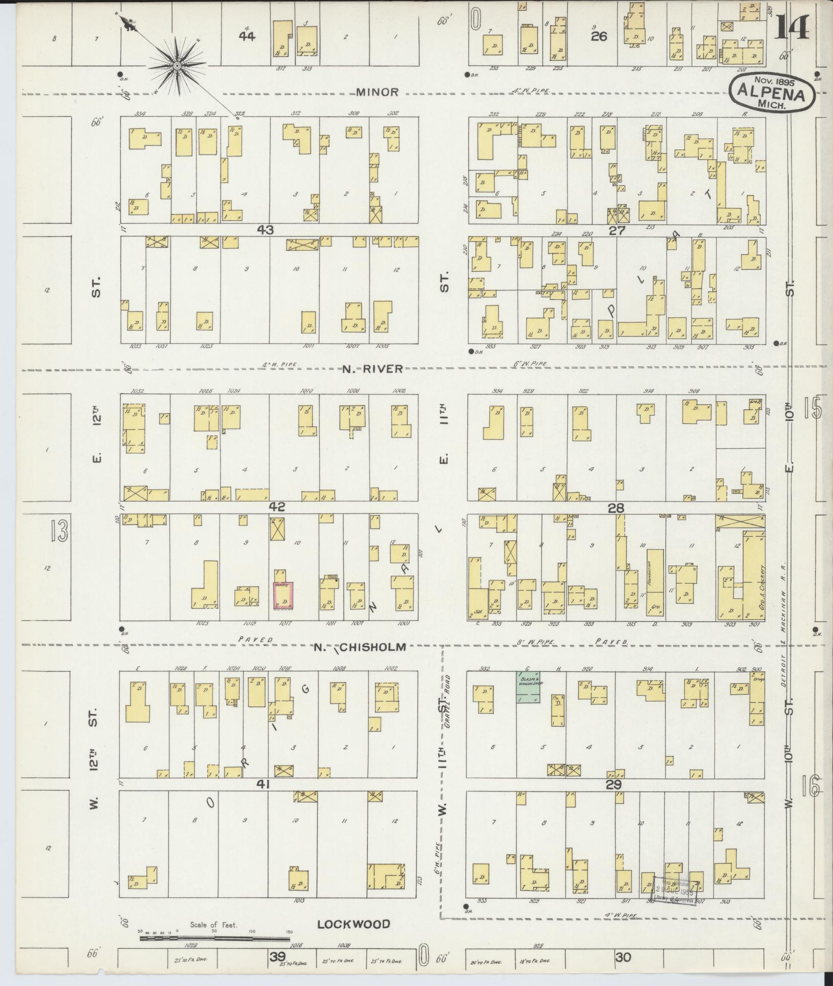 Sanborn Fire Insurance Map from Alpena, Alpena County, Michigan (1895), Sheet #0014 - Historic Sanborn Fire Insurance Map Print, vintage old map wall art, antique decor, genealogy gift, Michigan Michigan map