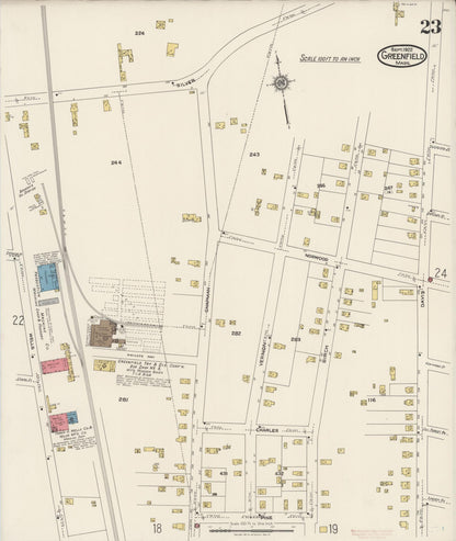 Sanborn Fire Insurance Map from Greenfield, Franklin County, Massachusetts (1922), Sheet #0023 - Historic Sanborn Fire Insurance Map Print, vintage old map wall art, antique decor, genealogy gift, Massachusetts Massachusetts map