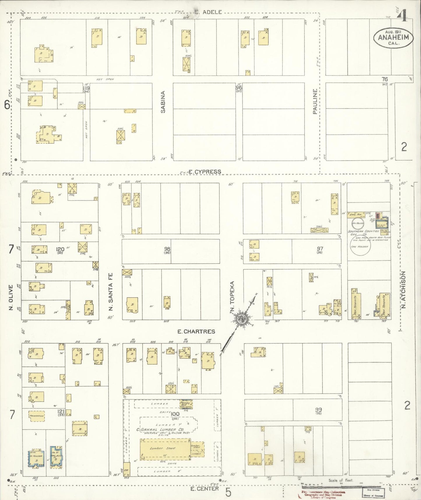 Sanborn Fire Insurance Map from Anaheim, Orange County, California (1911), Sheet #0004 - Historic Sanborn Fire Insurance Map Print, vintage old map wall art, antique decor, genealogy gift, California California map