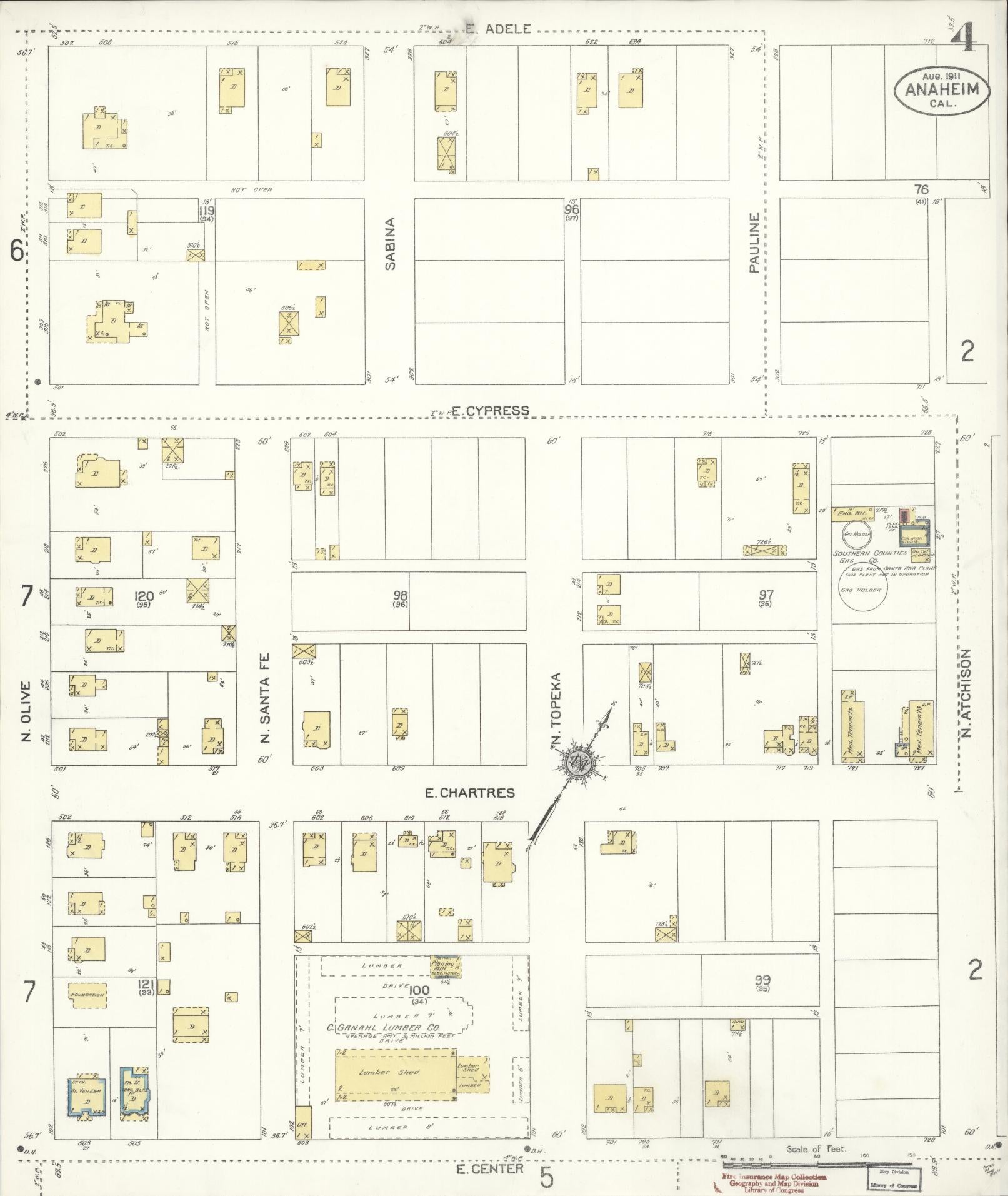 Sanborn Fire Insurance Map from Anaheim, Orange County, California (1911), Sheet #0004 - Historic Sanborn Fire Insurance Map Print, vintage old map wall art, antique decor, genealogy gift, California California map
