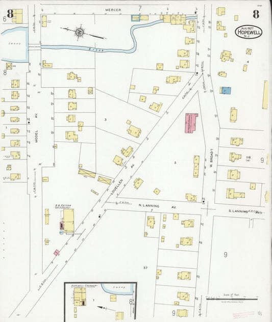 Sanborn Fire Insurance Map from Hopewell, Mercer County, New Jersey (1927), Sheet #0008 - Historic Sanborn Fire Insurance Map Print, vintage old map wall art, antique decor, genealogy gift, New Jersey New Jersey map
