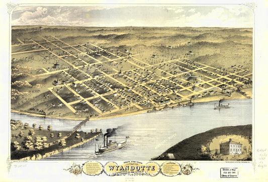 Bird's eye view of Wyandotte, Wyandotte Co., Kansas 1869. (1869) – Historic Bird’s-Eye View Panorama Print