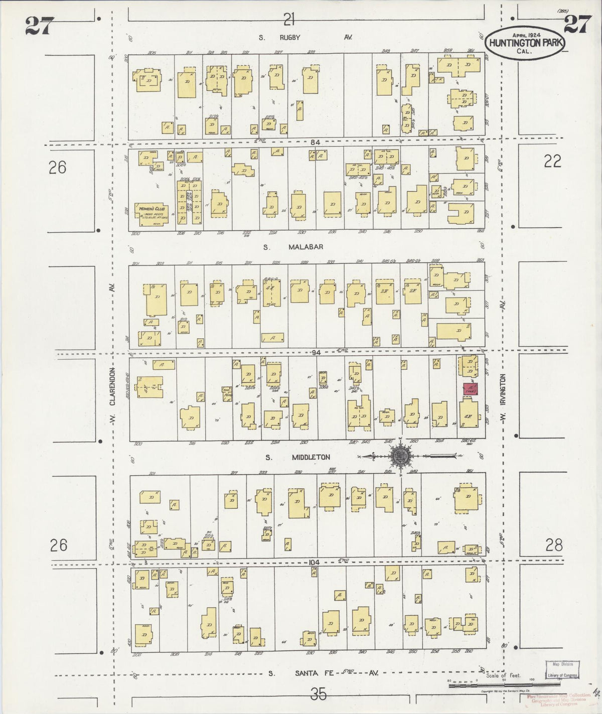 Sanborn Fire Insurance Map from Huntington Park, Los Angeles County, California (1924), Sheet #0027 - Complete Map Set gallery image, historic Sanborn map, vintage wall art, California California