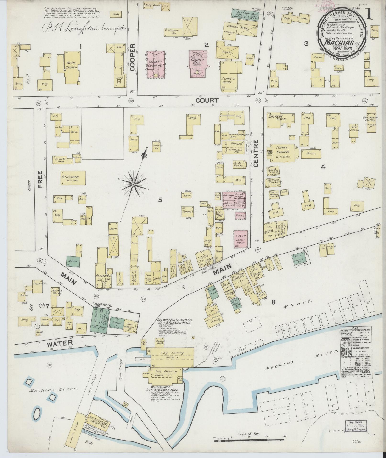 Sanborn Fire Insurance Map from Machias, Washington County, Maine (1889), Sheet #0001 - Historic Sanborn Fire Insurance Map Print, vintage old map wall art, antique decor, genealogy gift, Maine Maine map