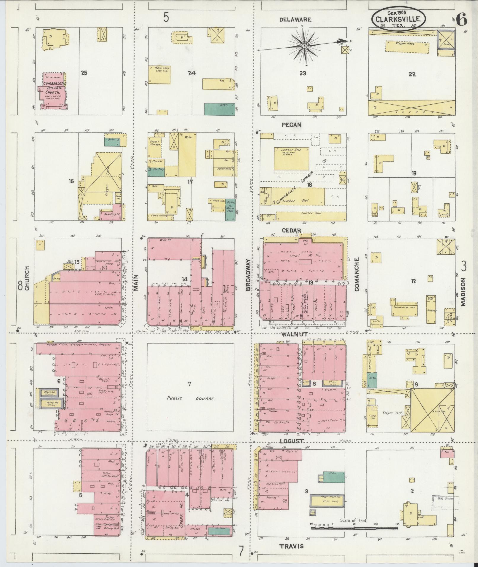 Sanborn Fire Insurance Map from Clarksville, Red River County, Texas (1906), Sheet #0006 - Complete Map Set gallery image, historic Sanborn map, vintage wall art, Texas Texas