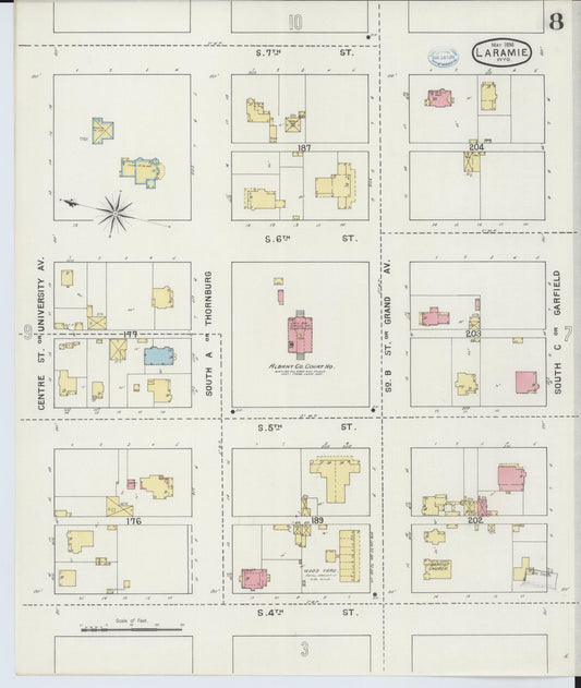 Sanborn Fire Insurance Map from Laramie, Albany County, Wyoming (1894), Sheet #0008 - Historic Sanborn Fire Insurance Map Print, vintage old map wall art, antique decor, genealogy gift, Wyoming Wyoming map