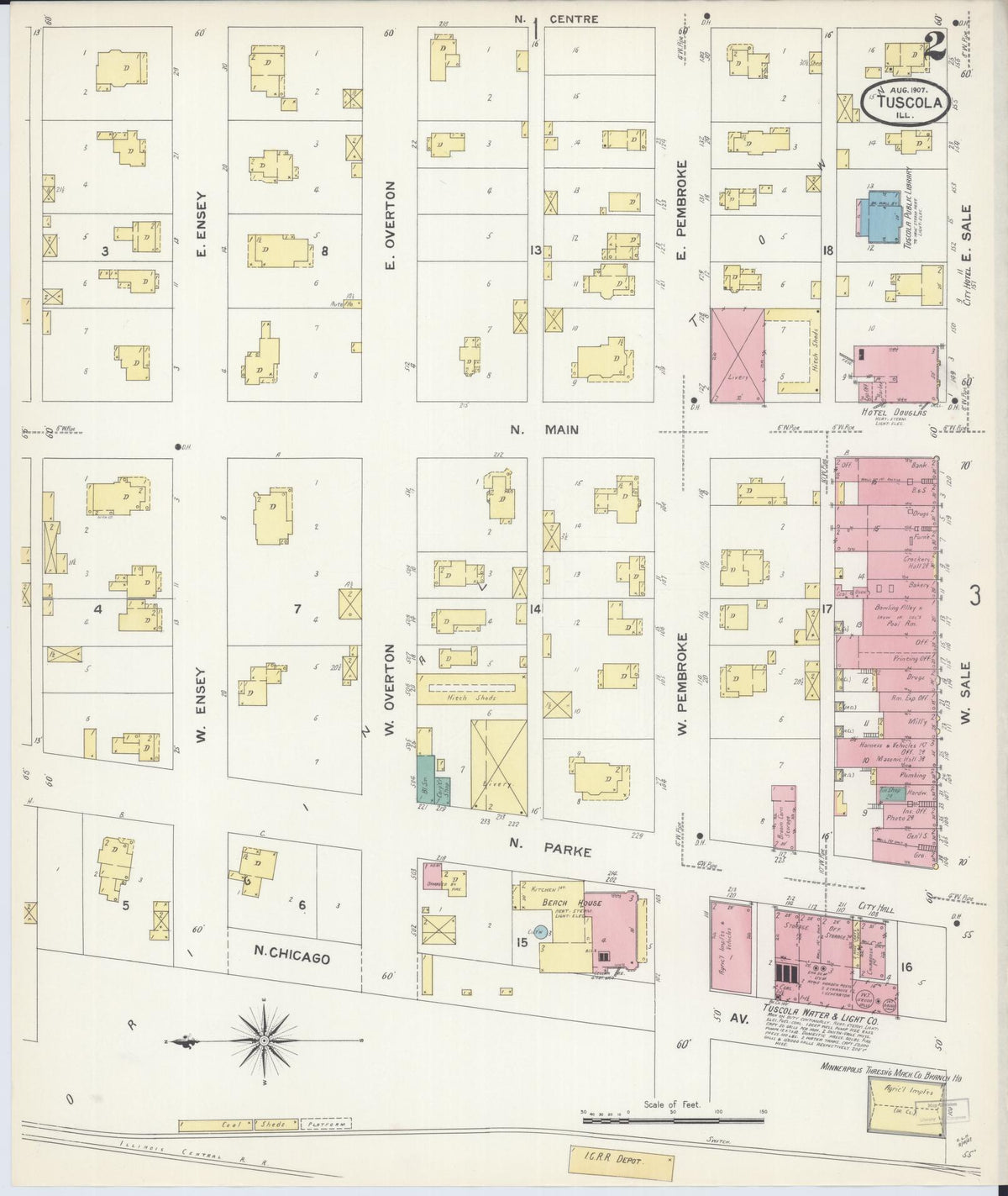 Sanborn Fire Insurance Map from Tuscola, Douglas County, Illinois (1907), Sheet #0002 - Historic Sanborn Fire Insurance Map Print, vintage old map wall art, antique decor, genealogy gift, Illinois Illinois map