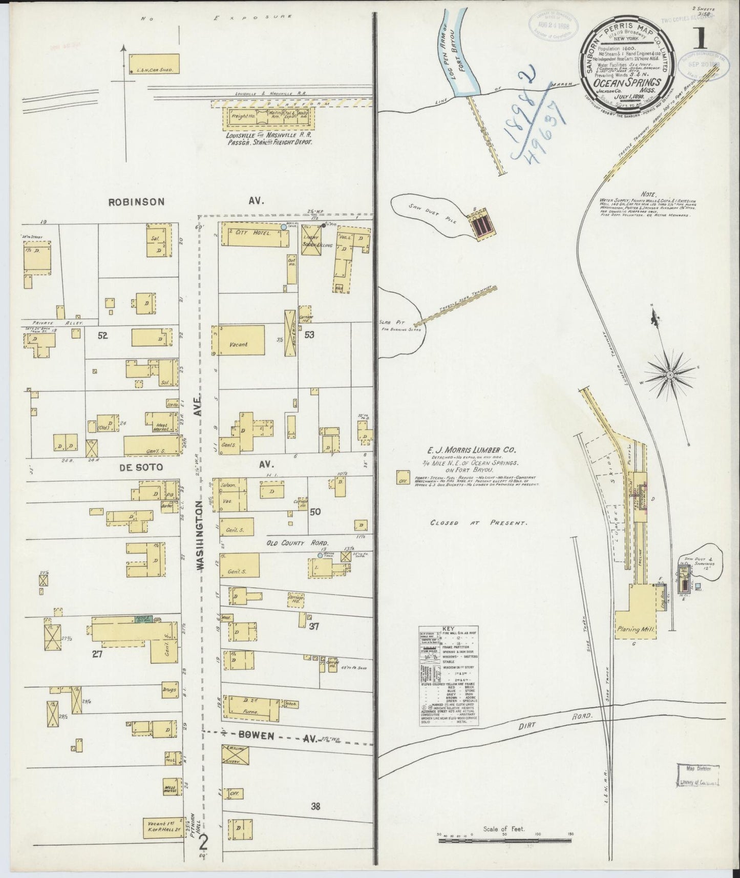 Sanborn Fire Insurance Map from Ocean Springs, Jackson County, Mississippi (1898), Sheet #0001 - Historic Sanborn Fire Insurance Map Print, vintage old map wall art, antique decor, genealogy gift, Mississippi Mississippi map