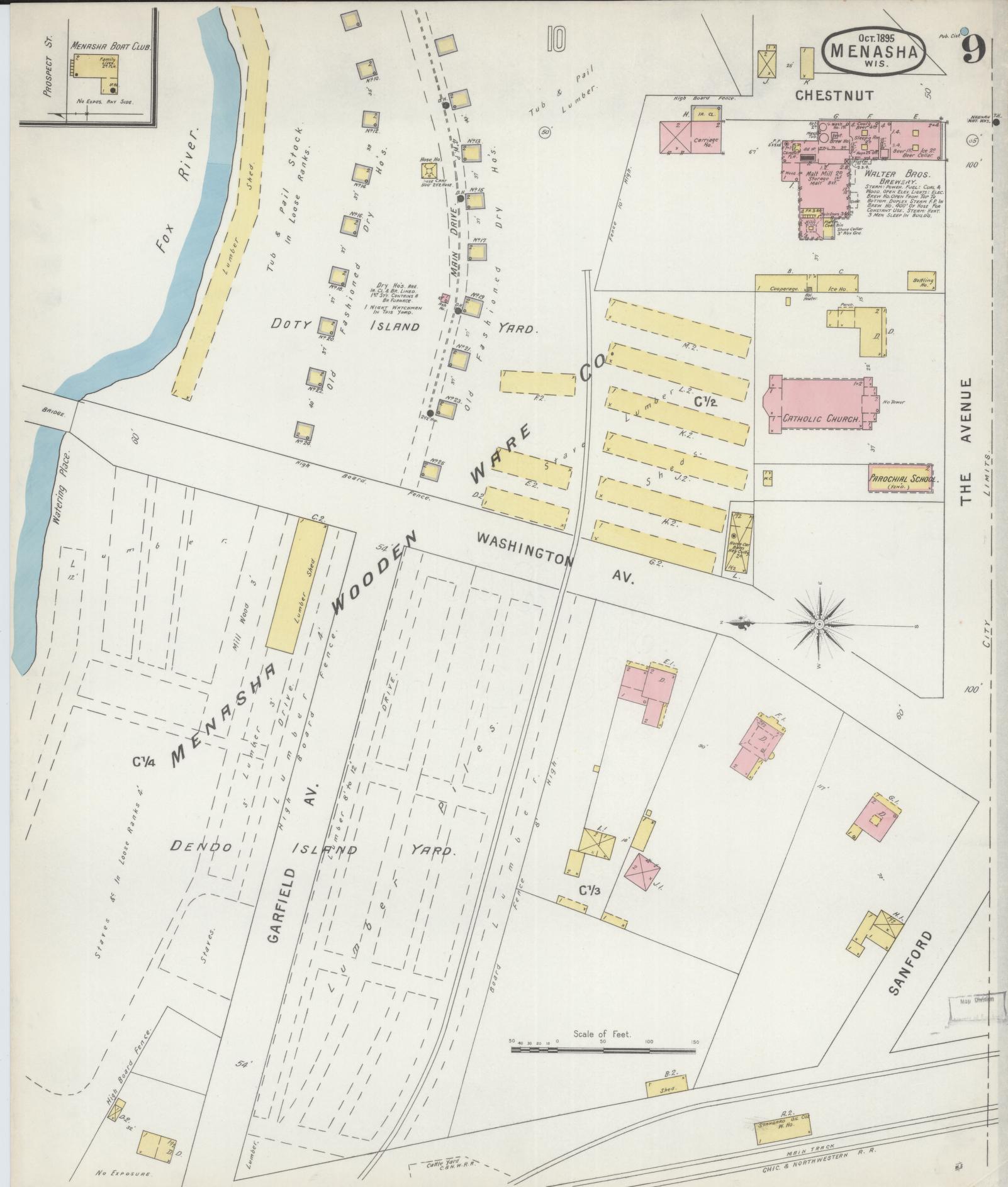 Sanborn Fire Insurance Map from Menasha, Winnebago County, Wisconsin (1895), Sheet #0009 - Historic Sanborn Fire Insurance Map Print, vintage old map wall art, antique decor, genealogy gift, Wisconsin Wisconsin map
