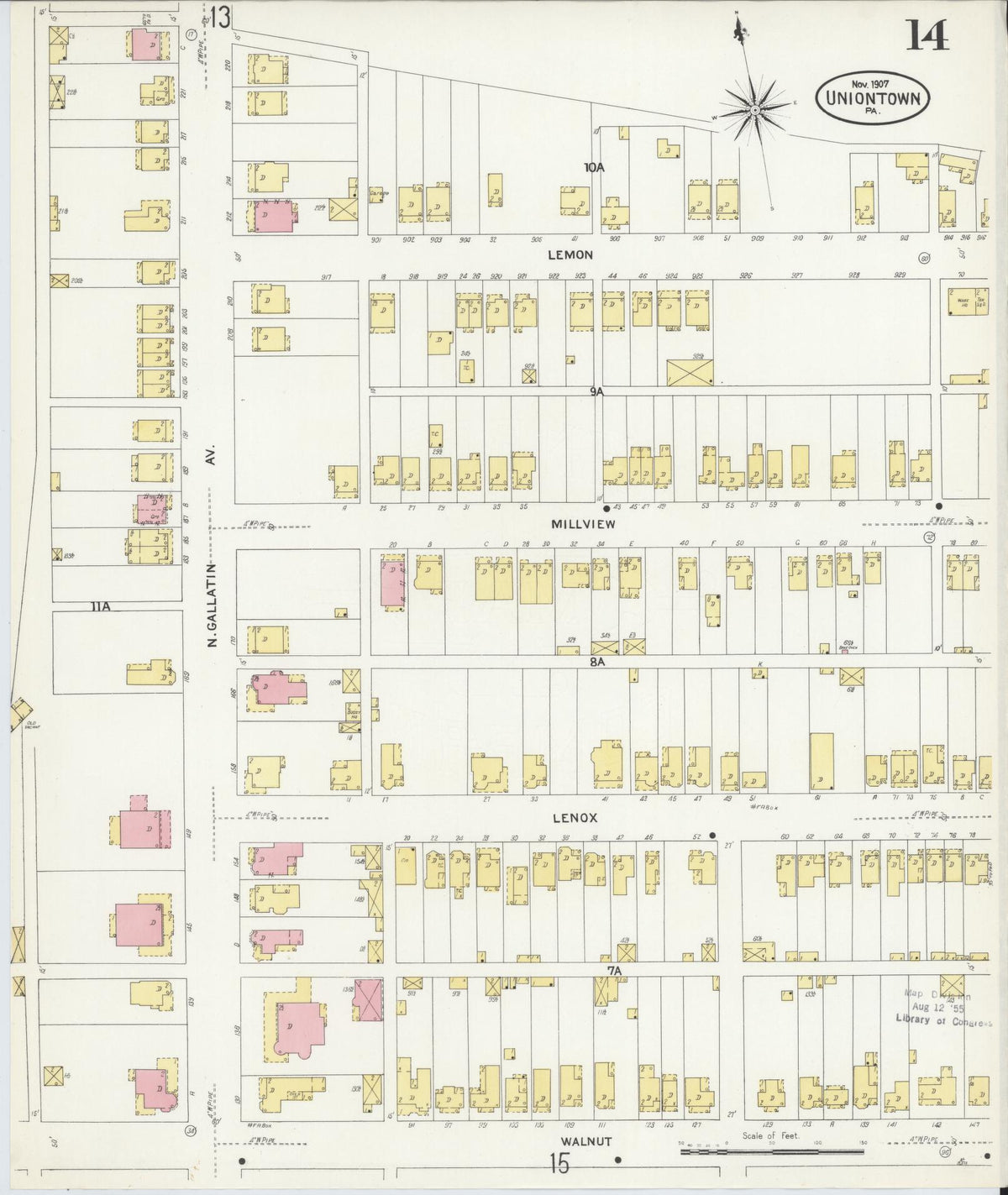 Sanborn Fire Insurance Map from Uniontown, Fayette County, Pennsylvania (1907), Sheet #0014 - Historic Sanborn Fire Insurance Map Print, vintage old map wall art, antique decor, genealogy gift, Pennsylvania Pennsylvania map