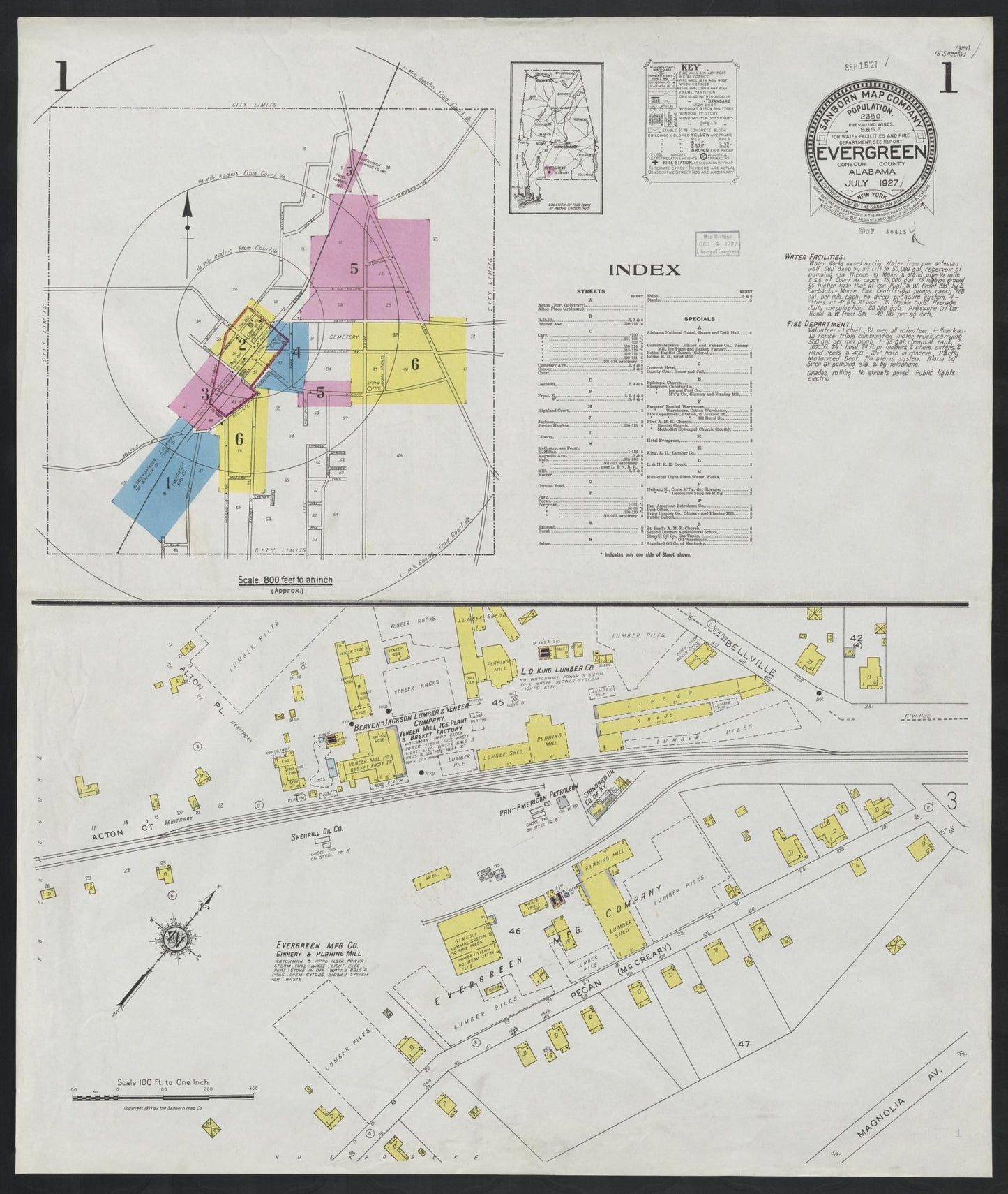 Sanborn Fire Insurance Map from Evergreen, Conecuh County, Alabama (1927), Sheet #0001 - Historic Sanborn Fire Insurance Map Print, vintage old map wall art, antique decor, genealogy gift, Alabama Alabama map