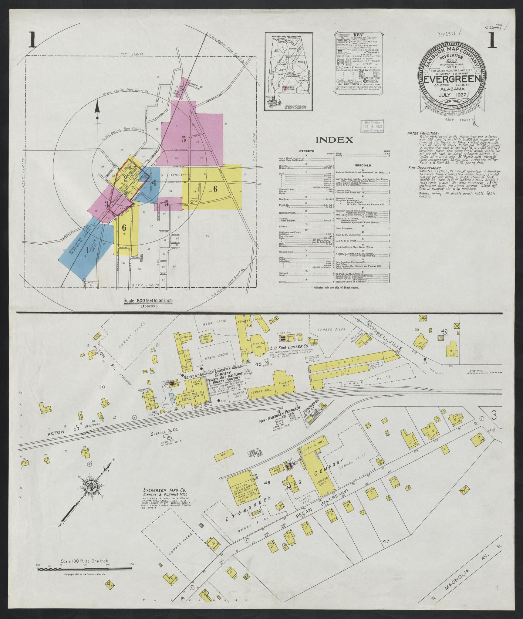 Sanborn Fire Insurance Map from Evergreen, Conecuh County, Alabama (1927), Sheet #0001 - Historic Sanborn Fire Insurance Map Print, vintage old map wall art, antique decor, genealogy gift, Alabama Alabama map