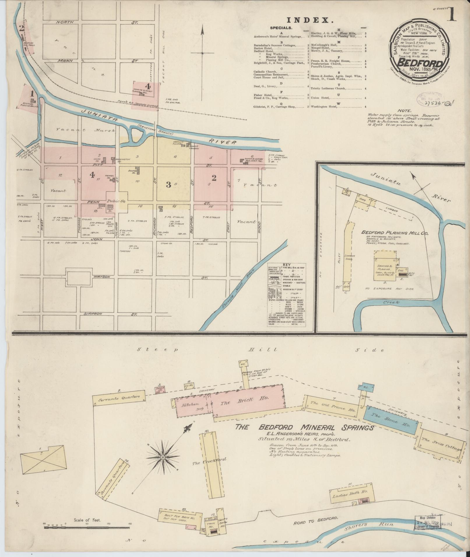 Sanborn Fire Insurance Map from Bedford, Bedford County, Pennsylvania (1885), Sheet #0001 - Historic Sanborn Fire Insurance Map Print, vintage old map wall art, antique decor, genealogy gift, Pennsylvania Pennsylvania map