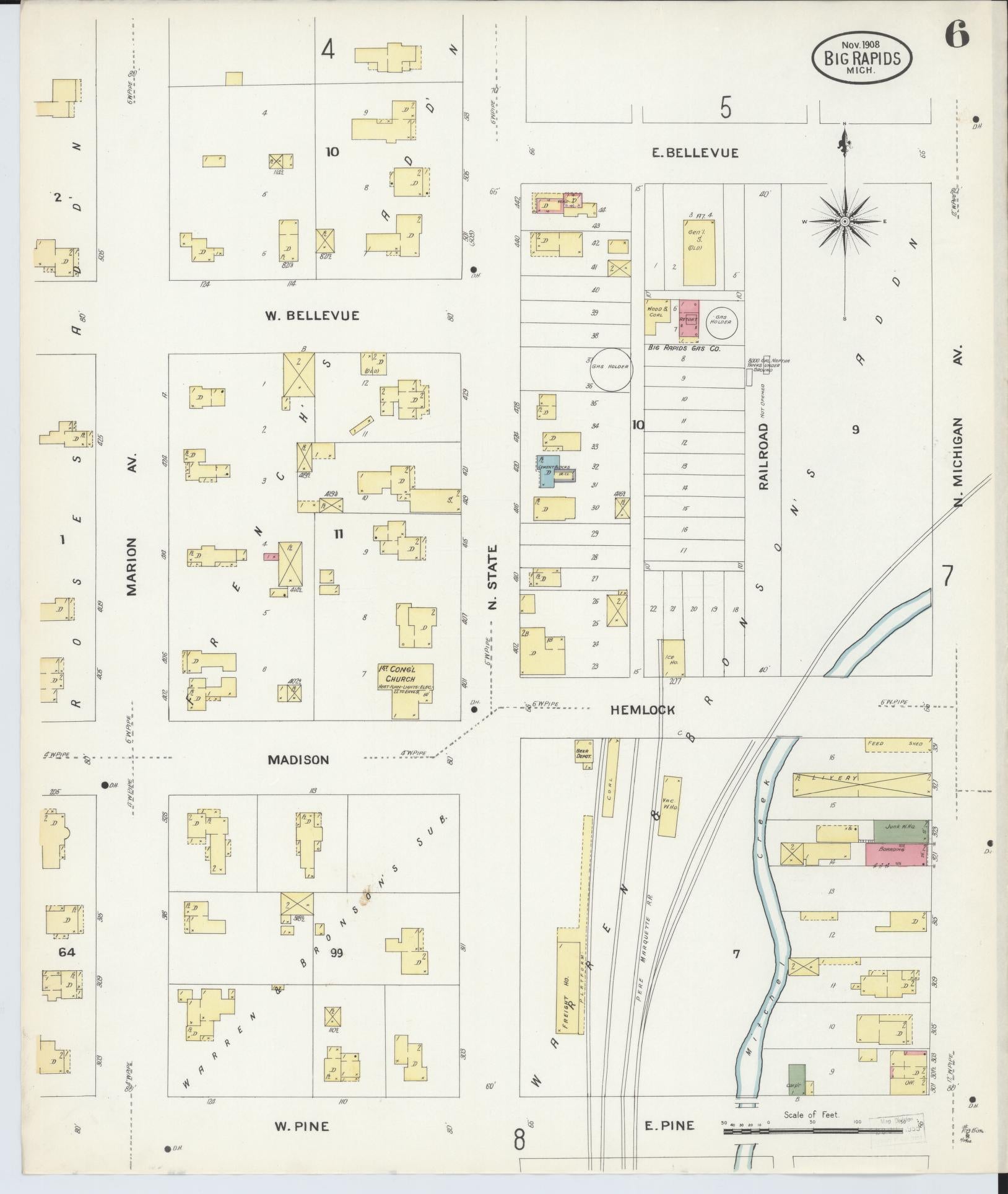 Sanborn Fire Insurance Map from Big Rapids, Mecosta County, Michigan (1908), Sheet #0006 - Historic Sanborn Fire Insurance Map Print, vintage old map wall art, antique decor, genealogy gift, Michigan Michigan map