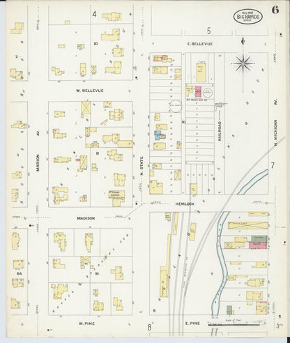 Sanborn Fire Insurance Map from Big Rapids, Mecosta County, Michigan (1908), Sheet #0006 - Historic Sanborn Fire Insurance Map Print, vintage old map wall art, antique decor, genealogy gift, Michigan Michigan map