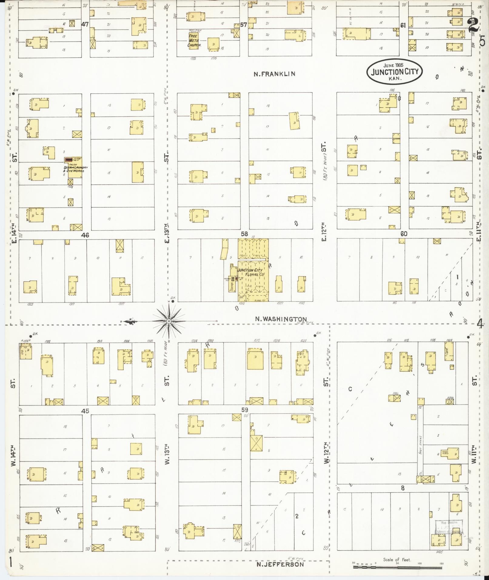 Sanborn Fire Insurance Map from Junction City, Geary County, Kansas (1905), Sheet #0002 - Historic Sanborn Fire Insurance Map Print, vintage old map wall art, antique decor, genealogy gift, Kansas Kansas map