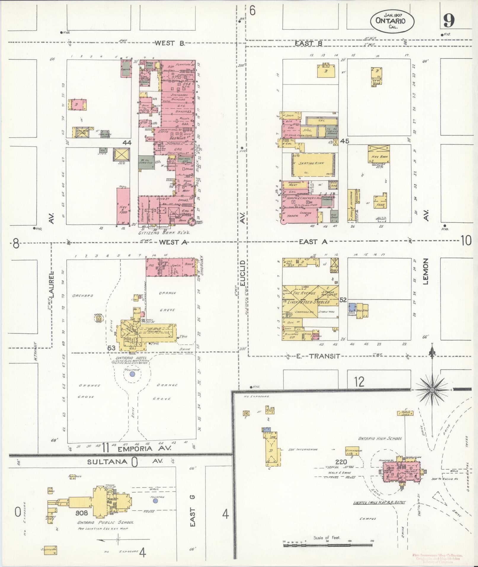 Sanborn Fire Insurance Map from Ontario, San Bernardino County, California (1907), Sheet #0009 - Complete Map Set gallery image, historic Sanborn map, vintage wall art, California California