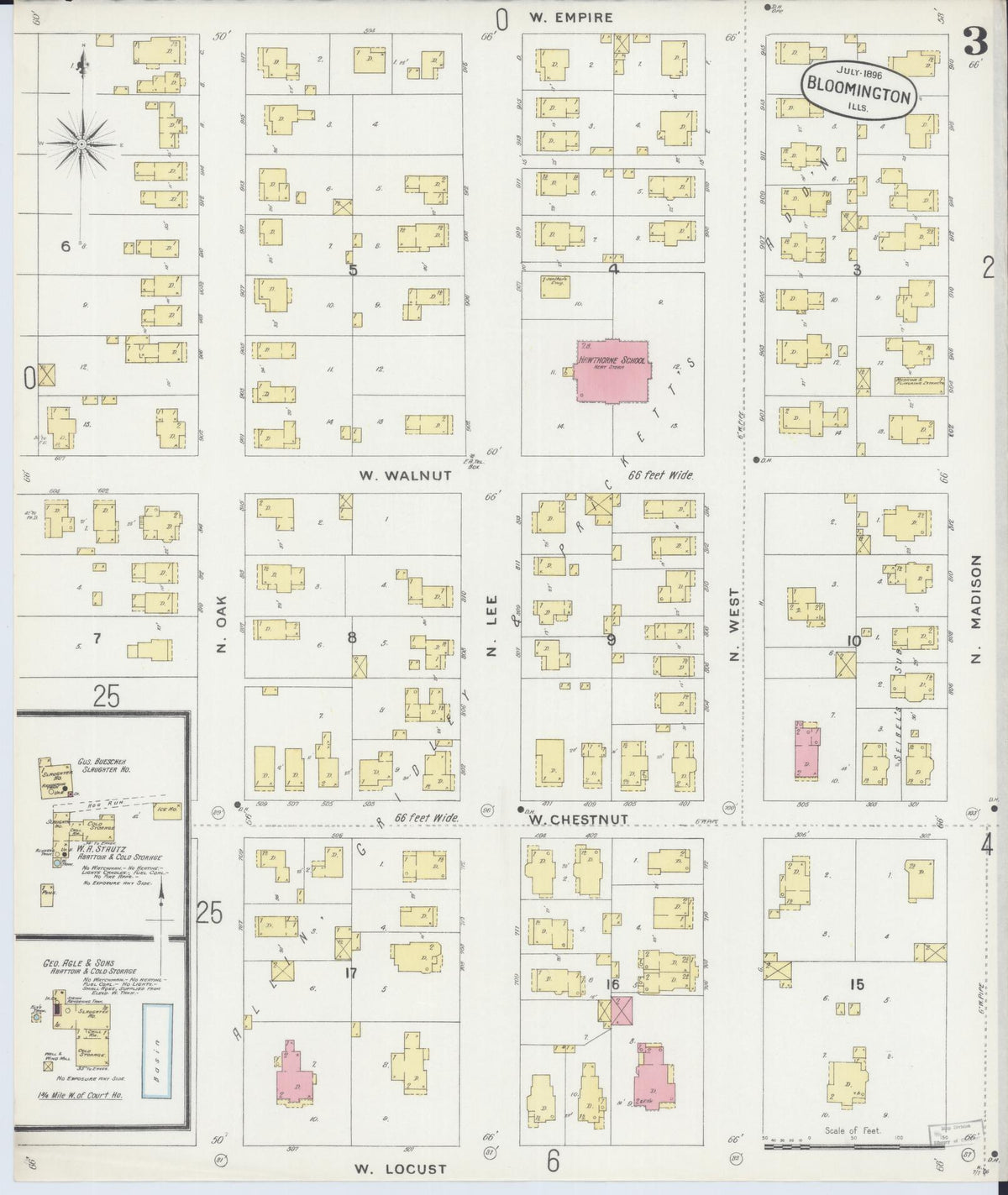 Sanborn Fire Insurance Map from Bloomington, McLean County, Illinois (1896), Sheet #0003 - Historic Sanborn Fire Insurance Map Print, vintage old map wall art, antique decor, genealogy gift, Illinois Illinois map