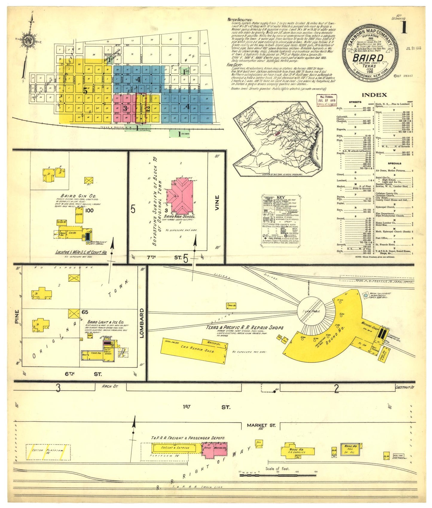 Sanborn Fire Insurance Map from Baird, Callahan County, Texas (1915), Sheet #0001 - Historic Sanborn Fire Insurance Map Print, vintage old map wall art, antique decor, genealogy gift, Texas Texas map