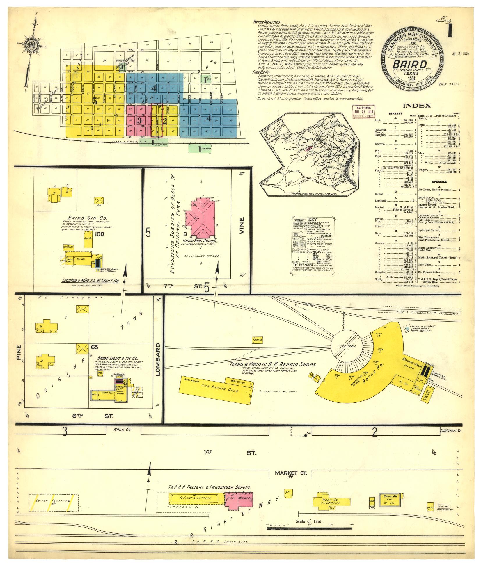 Sanborn Fire Insurance Map from Baird, Callahan County, Texas (1915), Sheet #0001 - Historic Sanborn Fire Insurance Map Print, vintage old map wall art, antique decor, genealogy gift, Texas Texas map