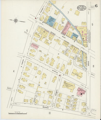 Sanborn Fire Insurance Map from Melrose, Middlesex County, Massachusetts (1915), Sheet #0006 - Historic Sanborn Fire Insurance Map Print, vintage old map wall art, antique decor, genealogy gift, Massachusetts Massachusetts map