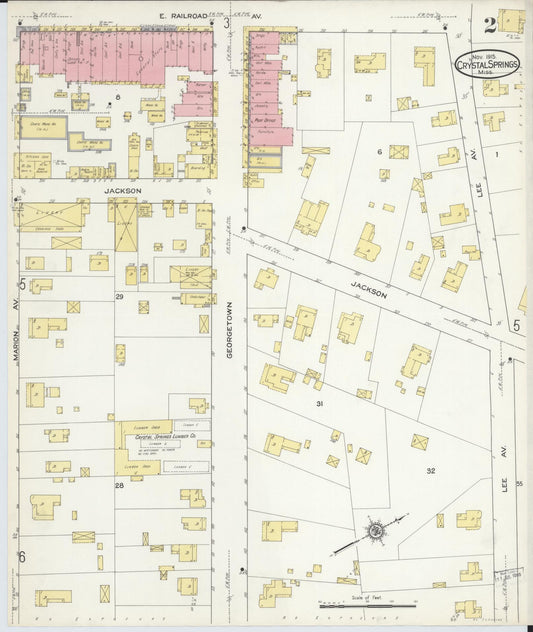 Sanborn Fire Insurance Map from Crystal Springs, Copiah County, Mississippi (1915), Sheet #0002 - Historic Sanborn Fire Insurance Map Print, vintage old map wall art, antique decor, genealogy gift, Mississippi Mississippi map