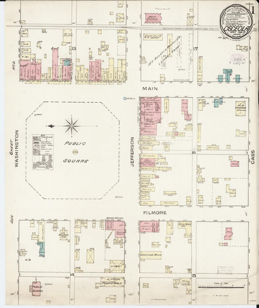 Sanborn Fire Insurance Map from Osceola, Clarke County, Iowa (1886), Sheet #0001 - Historic Sanborn Fire Insurance Map Print, vintage old map wall art