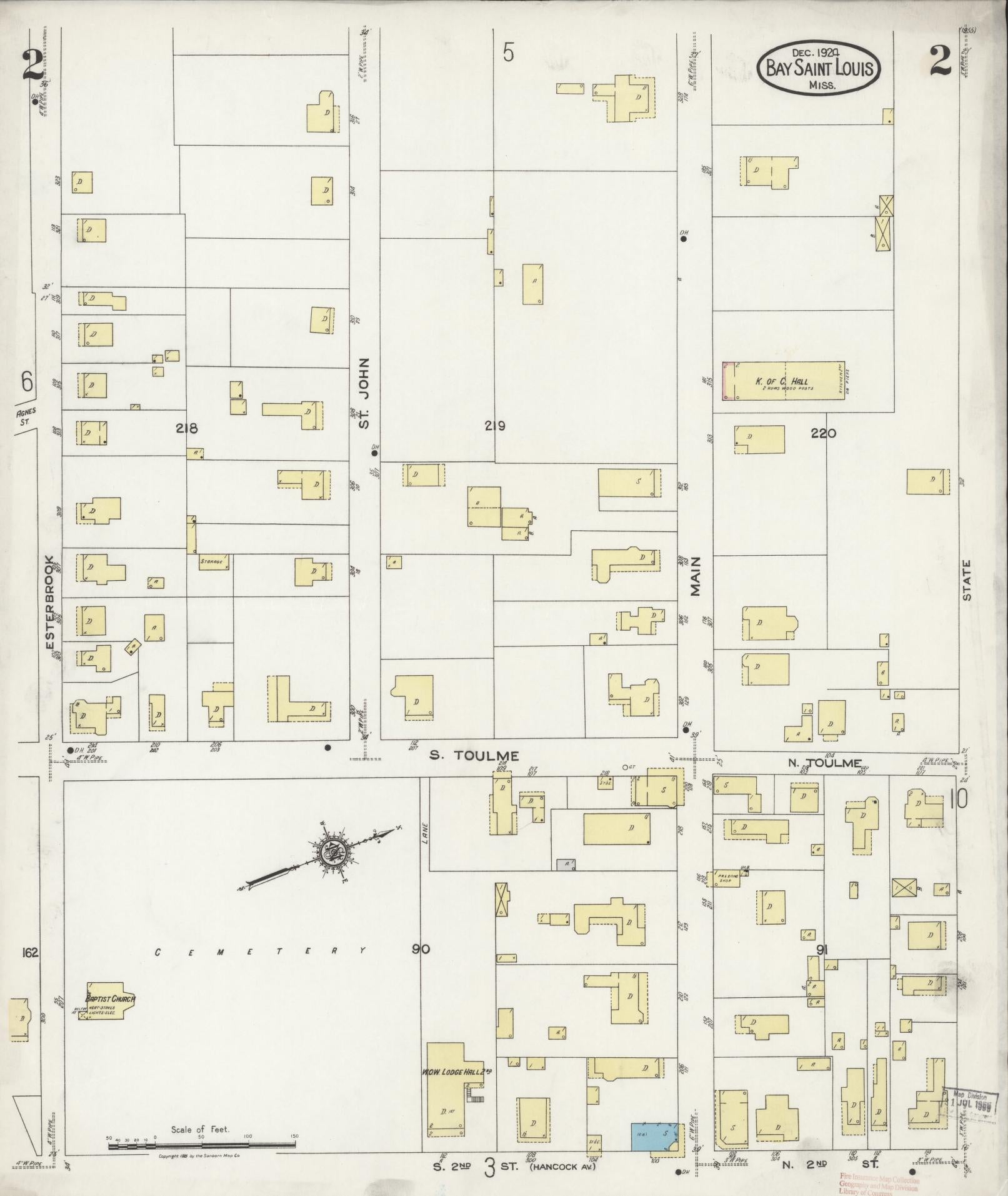 Sanborn Fire Insurance Map from Bay Saint Louis, Hancock County, Mississippi (1924), Sheet #0002 - Historic Sanborn Fire Insurance Map Print, vintage old map wall art, antique decor, genealogy gift, Mississippi Mississippi map