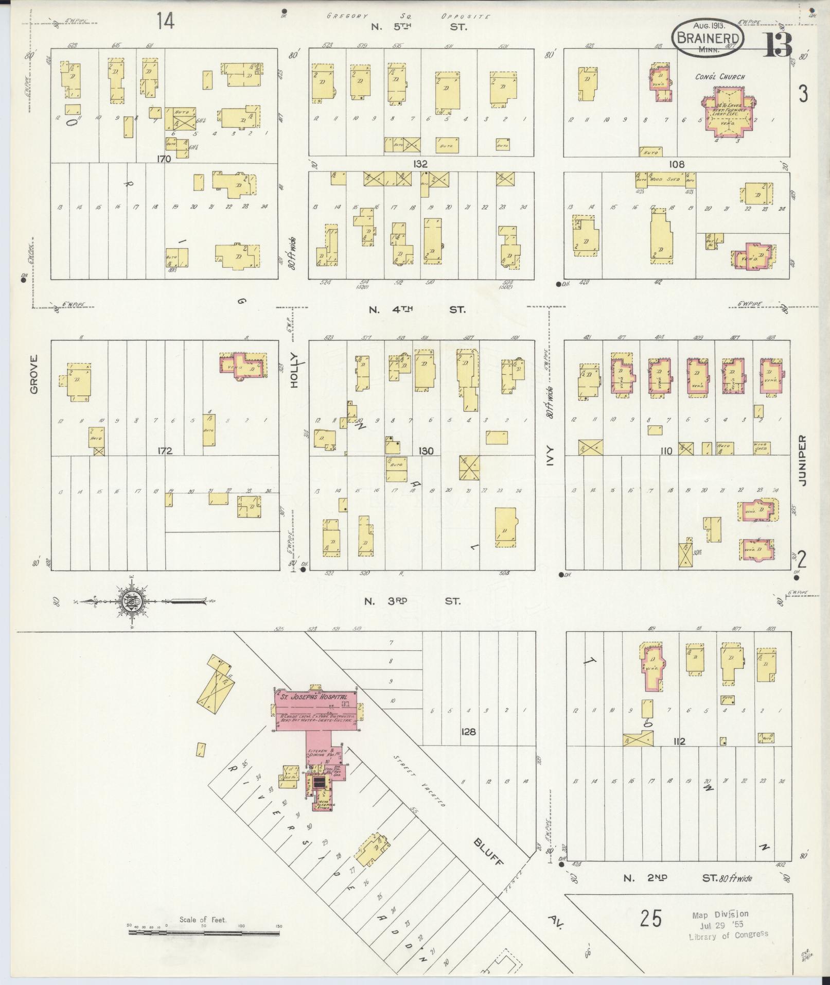 Sanborn Fire Insurance Map from Brainerd, Crow Wing County, Minnesota (1913), Sheet #0013 - Complete Map Set gallery image, historic Sanborn map, vintage wall art, Minnesota Minnesota