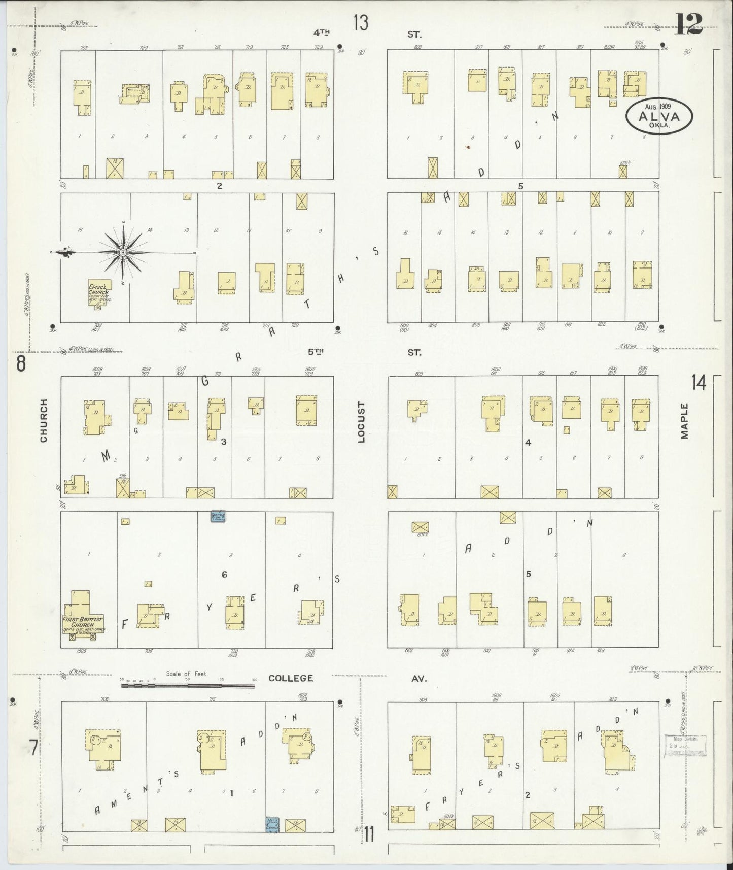 Sanborn Fire Insurance Map from Alva, Woods County, Oklahoma (1909), Sheet #0012 - Complete Map Set gallery image, historic Sanborn map, vintage wall art, Oklahoma Oklahoma