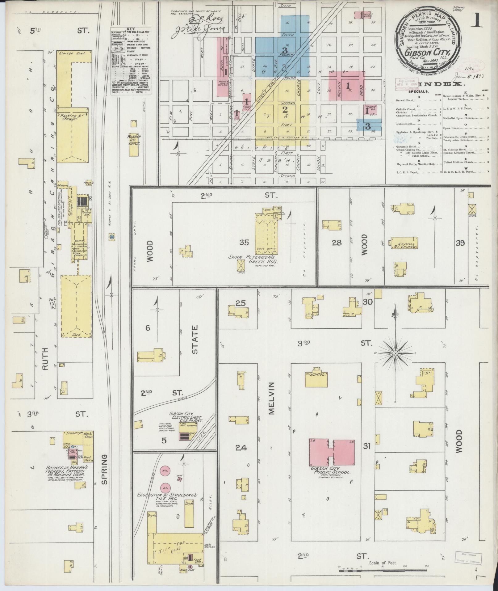 Sanborn Fire Insurance Map from Gibson City, Ford County, Illinois (1892), Sheet #0001 - Historic Sanborn Fire Insurance Map Print, vintage old map wall art, antique decor, genealogy gift, Illinois Illinois map